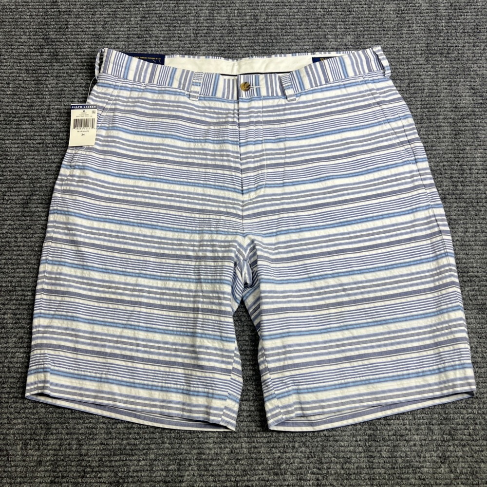 Polo Ralph Lauren Mens 34 Blue White Striped Seersucker 9 In Stretch Shorts NWT